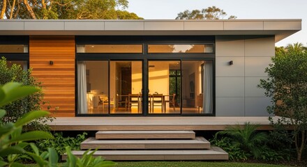 Modern home extension in Melbourne featuring deck patio, courtyard area. Outdoor furniture, plants enhance space