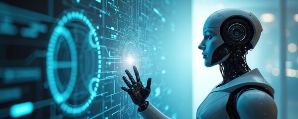 Robot interacts with futuristic digital interface. Machine learning guides advanced manufacturing. AI and robotics merge for future industry innovation. Advanced tech controls complex systems.