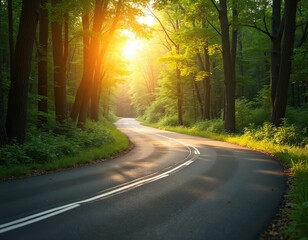 Obraz premium Winding asphalt road goes through green forest. Sun shines brightly through trees. Rich vegetation lines the path. Journey beckons towards unknown destinations.