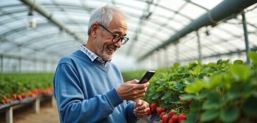 Elderly Asian man smiles using smartphone in greenhouse. He monitors strawberry plants. Agriculture tech improves crop growth and farm yield.