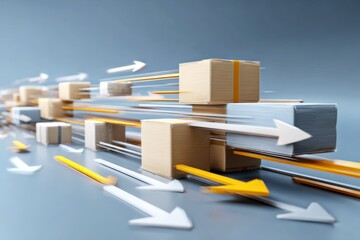 Fast delivery concept with cardboard boxes and arrows showing speed and movement in dynamic composition, illustrating express shipping and logistics efficiency