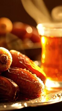 Ramadan Iftar Concept with Dates and Steaming Hot Tea on Golden Tray - Close Up Macro