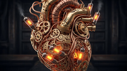 Obraz premium Intricate Steampunk Mechanical Heart with Gears, Glowing Vacuum Tubes, and Copper Pipes