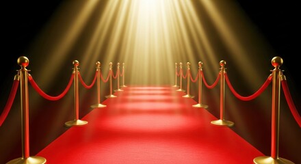 Bright stage illuminated by spotlights on red carpet. Ropes with gold stanchions and stars. Scene suitable for award ceremony and film event.