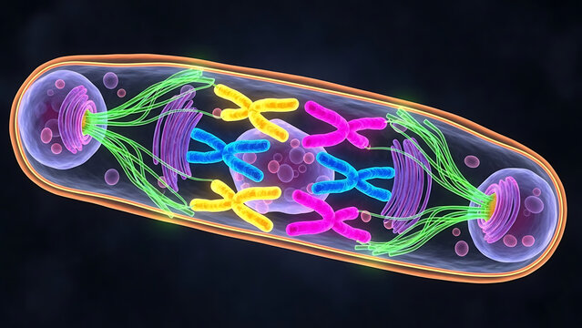 Vibrant 3D scientific illustration of cell mitosis, highlighting chromosomes and spindle apparatus.