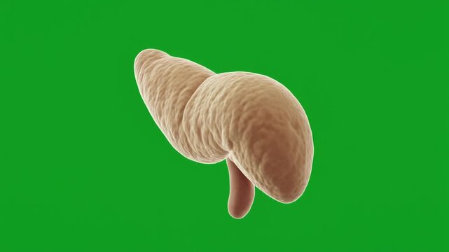 Anatomical illustration of a human liver with gallbladder in a medical context against a green background from a 3D rendered perspective.