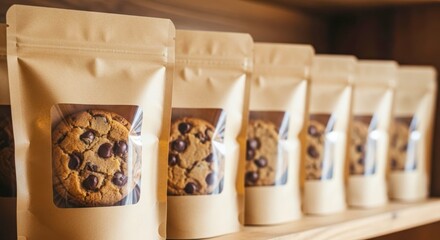 Craft paper bags hold soft cookies. Zipper pouches display bakery snacks. Wooden shelf holds row of packaging. Mockup template for eco-friendly packaging design