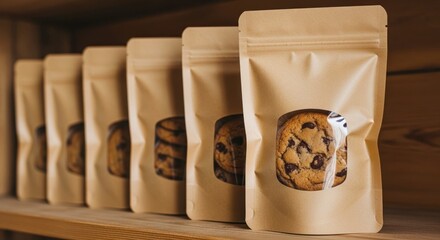 Craft paper bags hold soft cookies. Zipper pouches display bakery snacks. Wooden shelf holds row of packaging. Mockup packaging design
