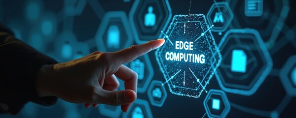 Hand touches glowing digital screen with edge computing network. Abstract data connections link icons. Futuristic tech interface with virtual buttons, represents IT innovation.