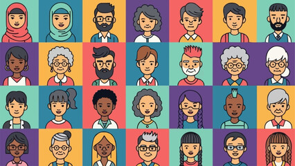 Diverse group of people avatars in a grid pattern.