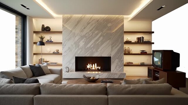 Luxurious contemporary living room with marble fireplace and built-in shelves across both sides