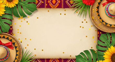 Cinco de Mayo invitation mockup. Blank card. Festive Mexican design. Sombreros flowers. Celebration template flower design