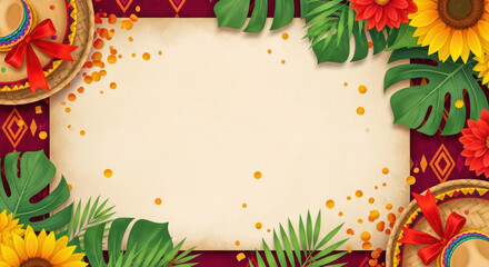 Cinco de Mayo invitation mockup. Blank card. Festive Mexican design. Sombreros flowers. Celebration template flower design