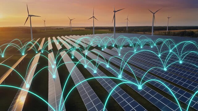 Smart Grid Concept with Solar Panels and Wind Turbines Connected by Digital Network Lines at Sunset