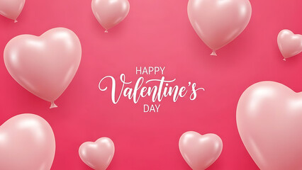 Happy Valentine's Day background with pink heart balloons. Realistic 3D heart shaped balloons floating on pink background with elegant script text