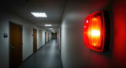 Fire alarm detector flashing red light in corridor. Emergency warning system for building safety. Fire prevention device and security system. Safety equipment for office.