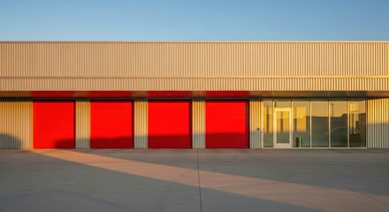 Exterior of modern warehouse with small office unit. Metal industrial building with red doors, loading docks. Commercial distribution storage building