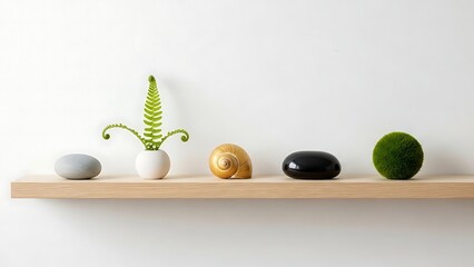 Minimalist Natural Decor with Green Fern Plant Shell Stone and Moss on Wooden Shelf