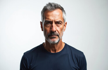 Obraz premium Middle-aged man with gray hair and beard looks intensely forward. He has a serious expression, wearing a dark blue t-shirt against a plain white background.