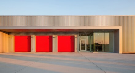 Exterior of modern warehouse with small office unit. Metal industrial building with red doors, loading docks. Commercial distribution storage building