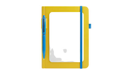 3D Yellow notebook with blue pen and elastic band on transparent background