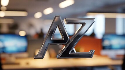 Modern office workspace with blurred foreground sign