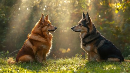 Two dogs sitting facing each other in a sunlit forest clearing with golden hour lighting