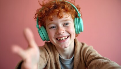 Smiling ginger boy wears green headphones, holds camera for selfie. He enjoys music and his freckled face looks happy, having fun in studio. Copy space available.