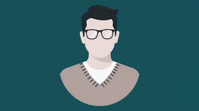 Minimalist Male Avatar Illustration Featuring Dark Hair, Glasses, and V-Neck Sweater