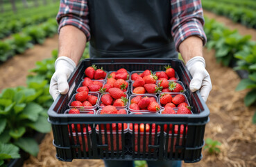 Farmer holds box full of fresh ripe strawberries harvested from green farm plantation field. Man wears gloves collecting fruits in small plastic containers during summer season work.