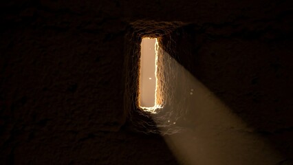 Dark Cave Opening with Light Beam Shining Through Narrow Window