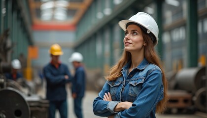 Woman engineer in white helmet talks with workers in busy factory. Metal parts are visible. Female professional supervises production in manufacturing plant. Team works together on industrial project.