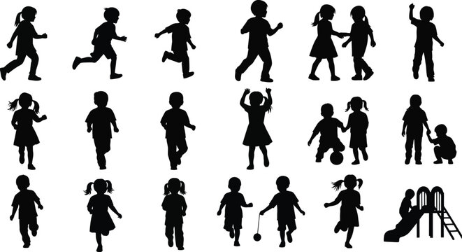 Collection of diverse black and white silhouette icons depicting children running playing and enjoying outdoor playground activities