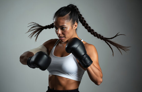 Focused woman boxer throws punch during training session. Strong female athlete with braided hair wears gloves, trains indoors. She has determination face, wears white sport top, grey background. - Powered by Adobe