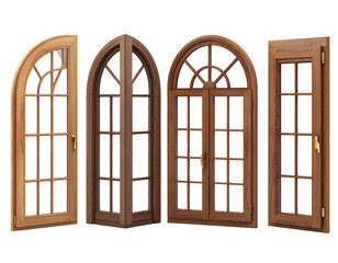 Four ornate wooden framed windows with arched tops