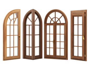 Four ornate wooden framed windows with arched tops