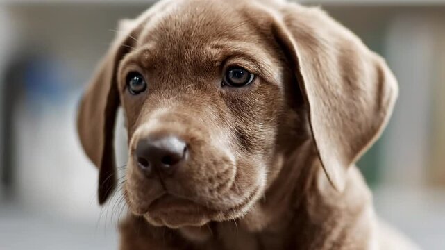 Close-up portrait of a brown puppy with floppy ears and a blurred background, conveying a sweet and innocent mood.