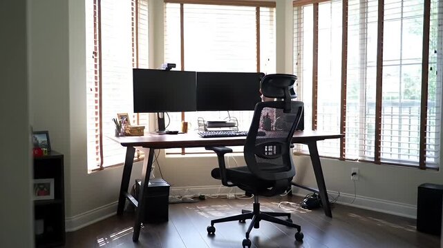 Modern home office setup featuring dual monitor workstation and ergonomic chair in bright daylight