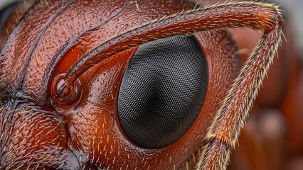 Extreme Macro Close-up of a Red Ant's Compound Eye