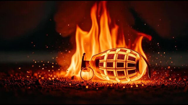 Close-up video footage of a fragmentation hand grenade lying on the ground with a massive fiery orange explosion and fireball detonating violently in the dark background, motion clip.