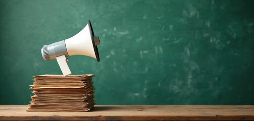 Plakat Megaphone sits atop stack of old papers on wooden table against green chalkboard backdrop. Represents announcement, education, public speech, and spreading information.