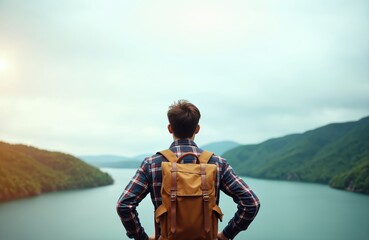 Young man with backpack looks at vast mountain lake. Traveler enjoys scenic view from high point. Nature journey, outdoor trip, summer adventure, person exploring.