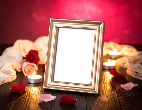 A romantic mock up valentines scene with a blank gold picture frame on a dark wooden table surrounded by candles, roses, and petals against a pink background with a warm, intimate mood. - Powered by Adobe