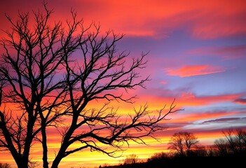 Dramatic bare tree silhouettes against vibrant sunset sky, creating a stark, natural, and powerful landscape,  stark,  silhouette