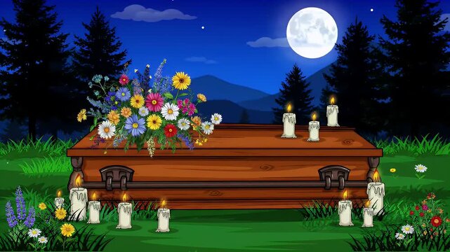 Moonlit graveside scene featuring a wooden coffin crowned with vibrant flowers and candles