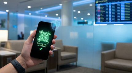 travel visa verification concept. Mobile phone displaying QR code in modern airport lounge setting.