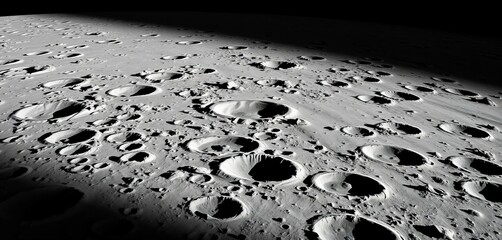 Vast, shadowed lunar crater landscape, textured surface,  stars,  detail