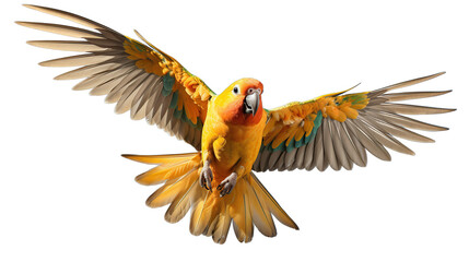 A vibrant Sun Conure parrot in mid-flight with its wings spread wide