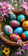 Fototapeta premium Vibrant painted eggs arranged in a basket, adorned with spring blossoms and greenery, spring, decoration