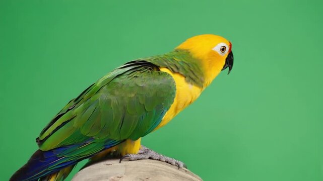 Vibrant parrot perched on wooden stump against green background